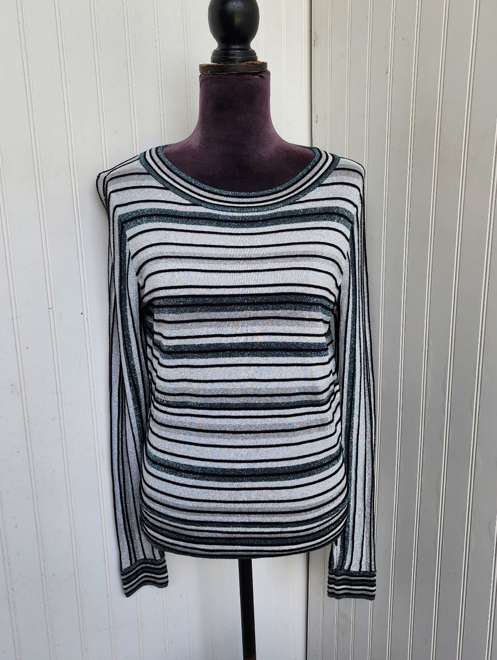 Ann Taylor Teal Ivory Black Long Sleeve Striped Shirt Pull over Knit Sweater M